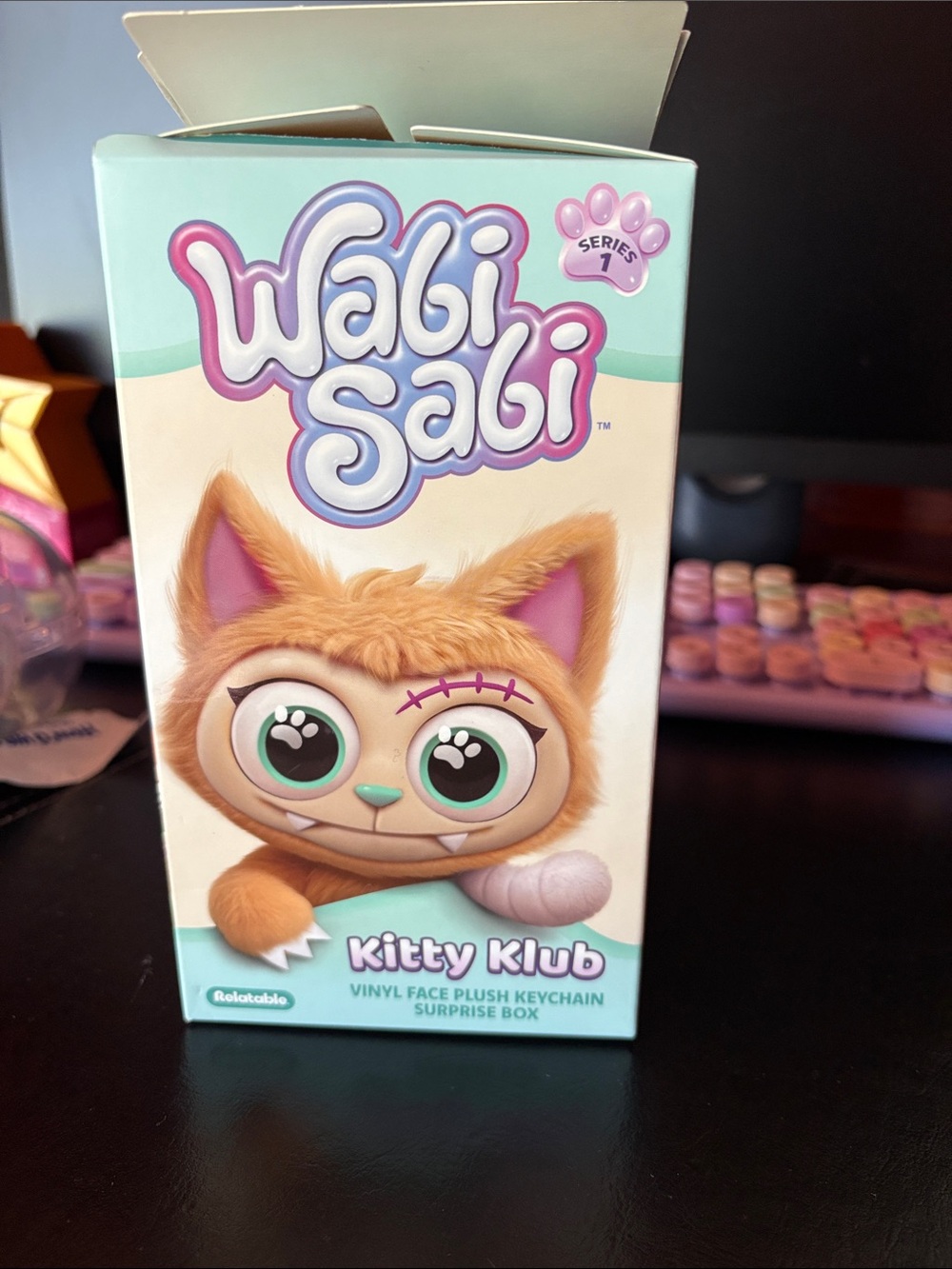 Plush Cat Keychain with Big Vinyl Face - Cream & Mint Accents